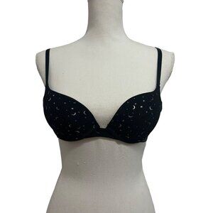 Womens Black Silver Sparkle Glitter Stars Moons Pushup Padded Bra 32A Adjustable